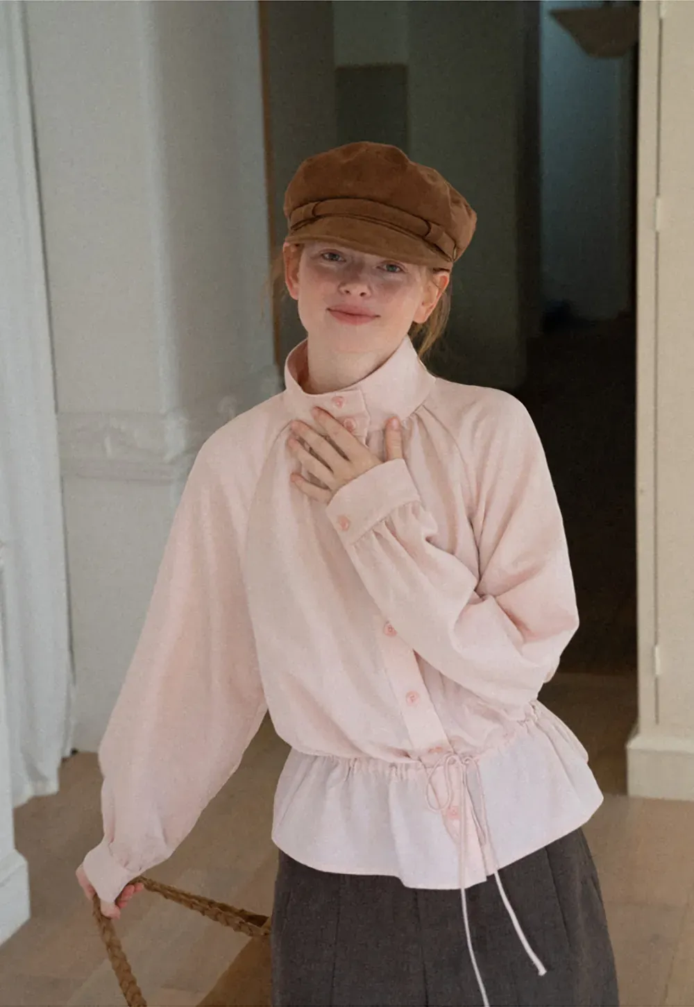 High Collar Drawstring Waist Blouse