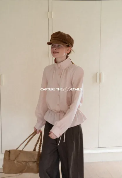 High Collar Drawstring Waist Blouse