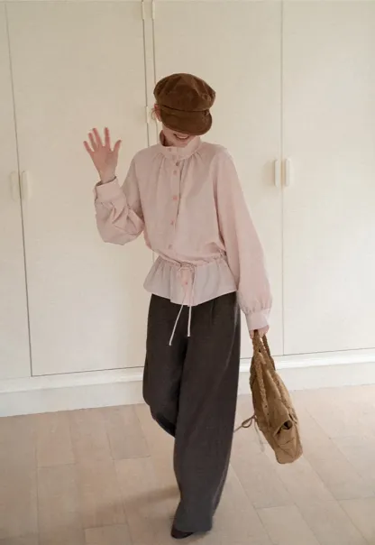 High Collar Drawstring Waist Blouse