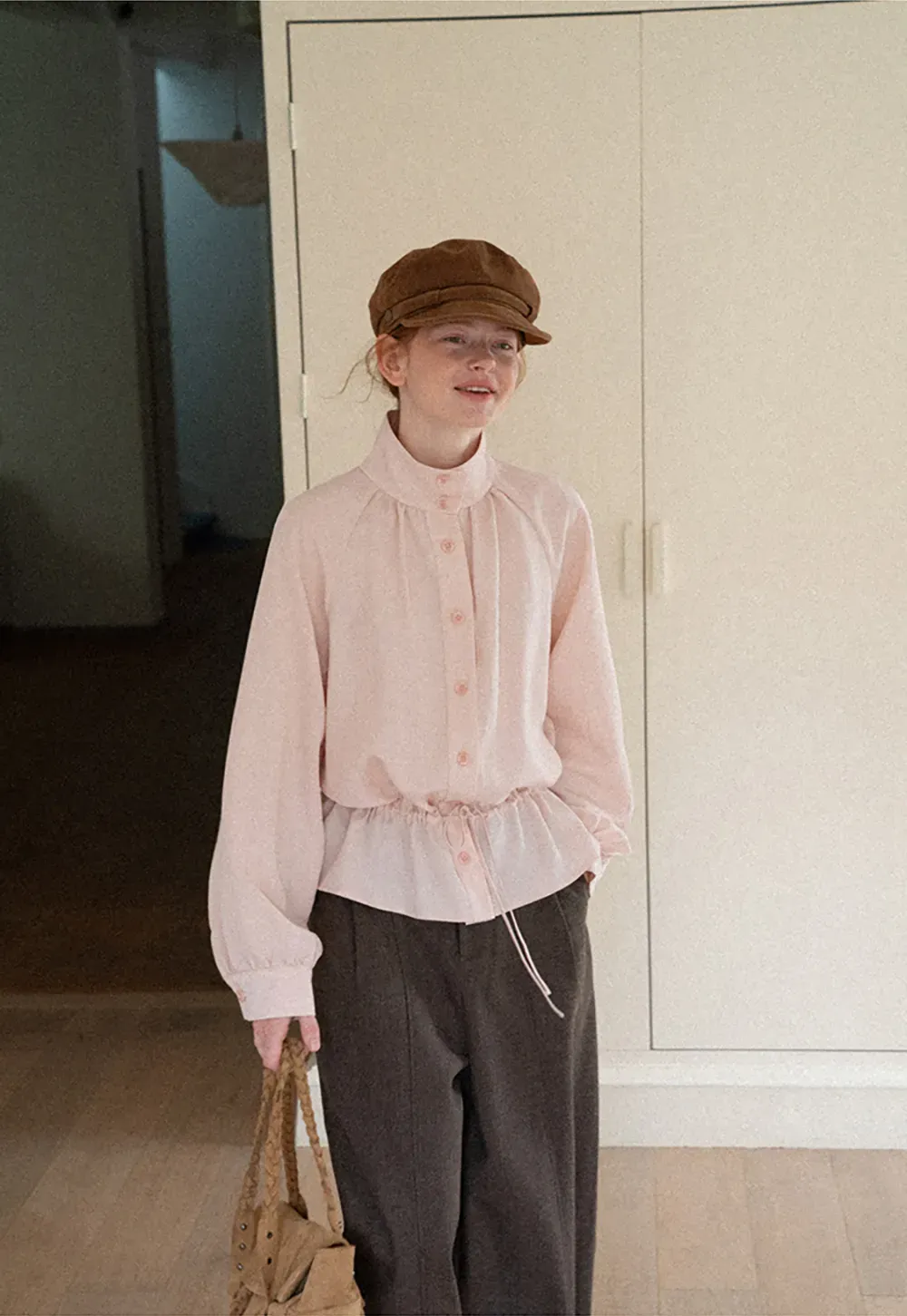 High Collar Drawstring Waist Blouse