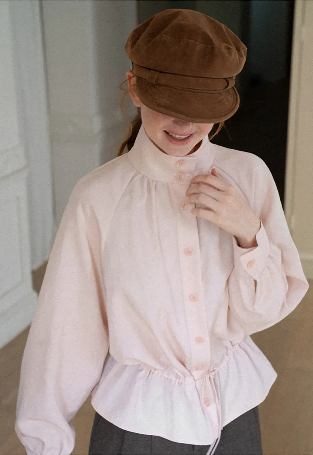 High Collar Drawstring Waist Blouse