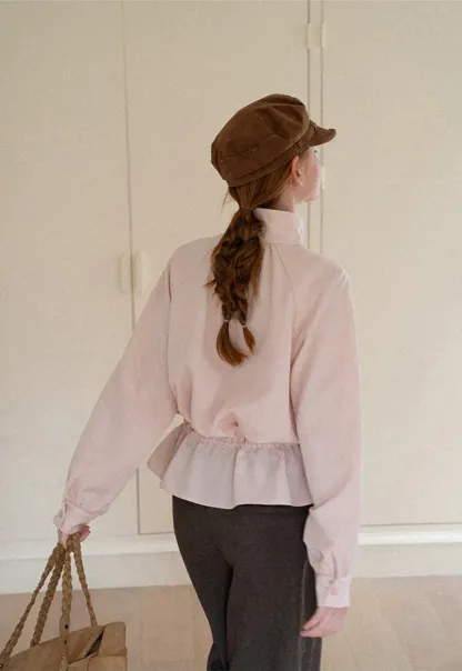 High Collar Drawstring Waist Blouse