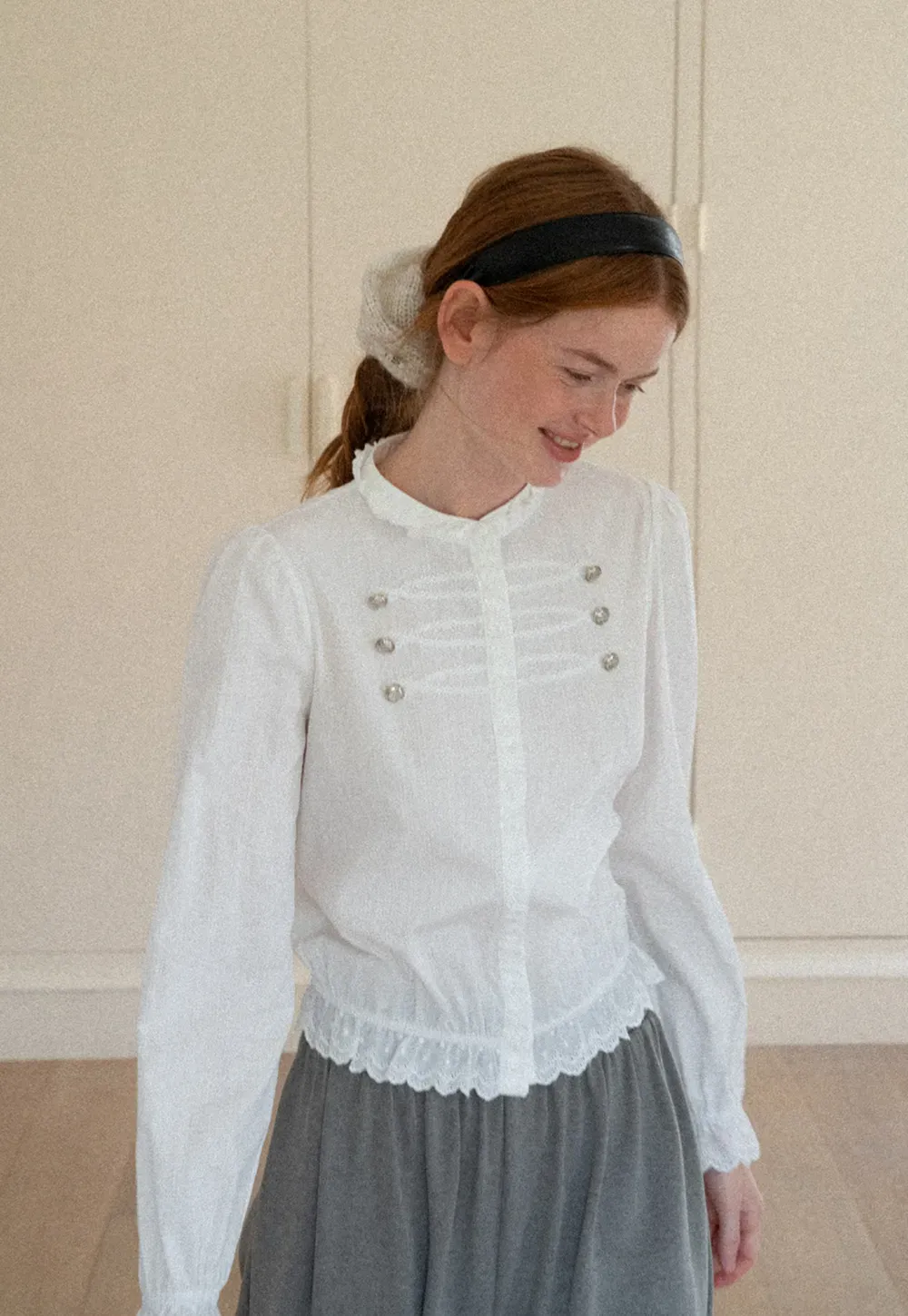 Lace Trim High Neck Button Front Blouse