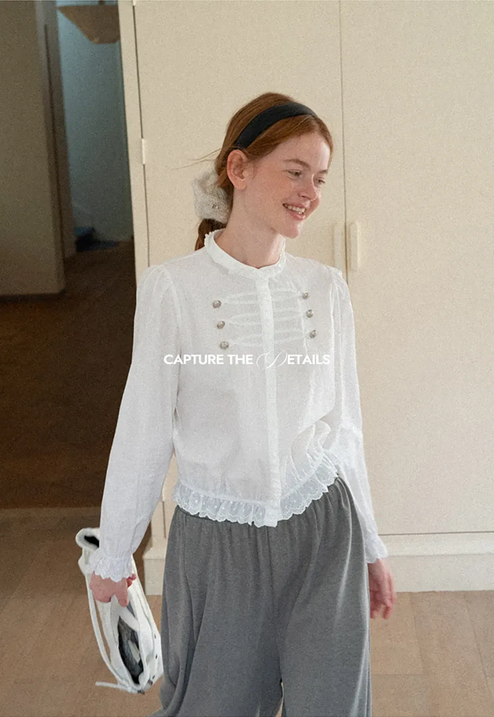 Lace Trim High Neck Button Front Blouse