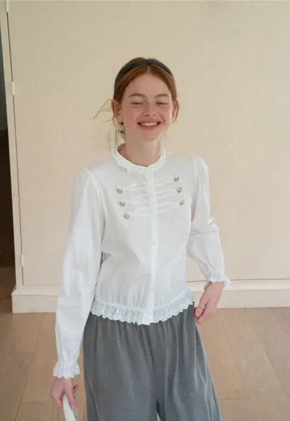 Lace Trim High Neck Button Front Blouse