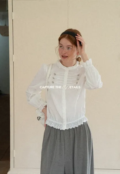 Lace Trim High Neck Button Front Blouse