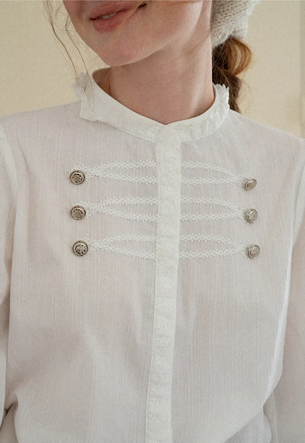 Lace Trim High Neck Button Front Blouse
