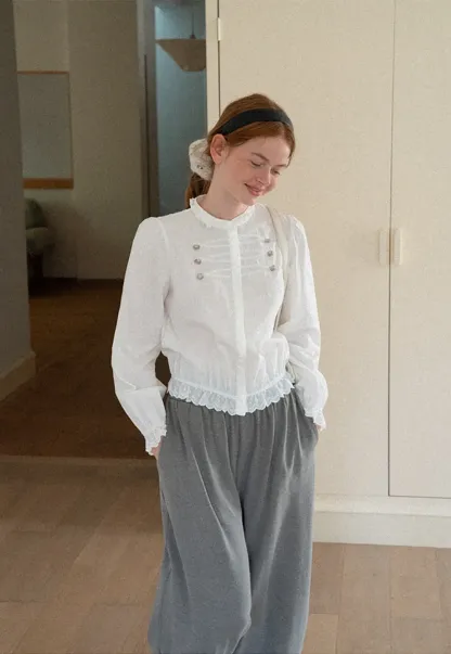 Lace Trim High Neck Button Front Blouse