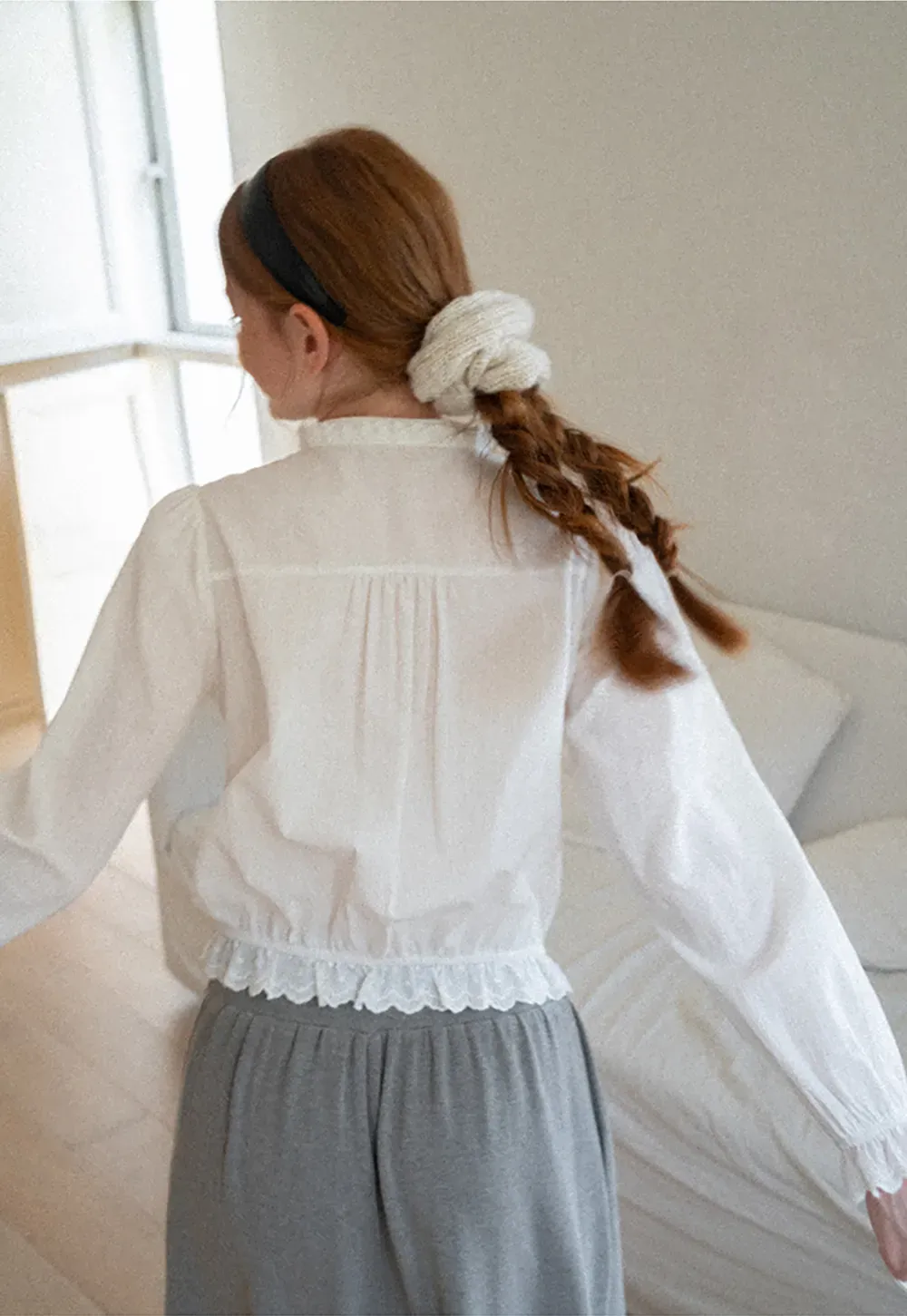 Lace Trim High Neck Button Front Blouse