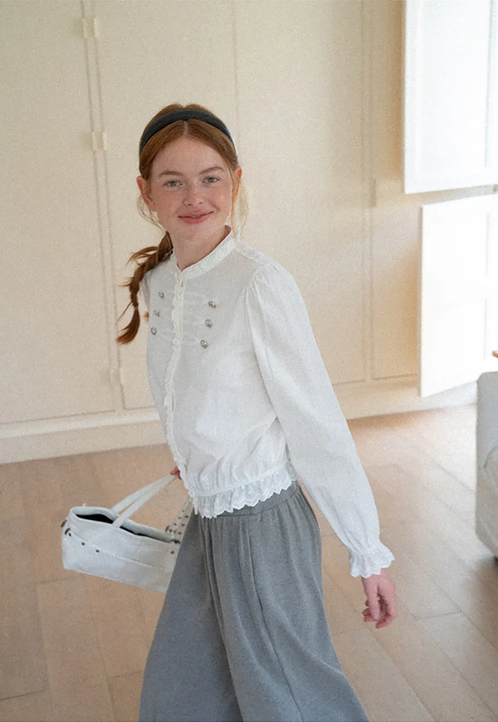 Lace Trim High Neck Button Front Blouse