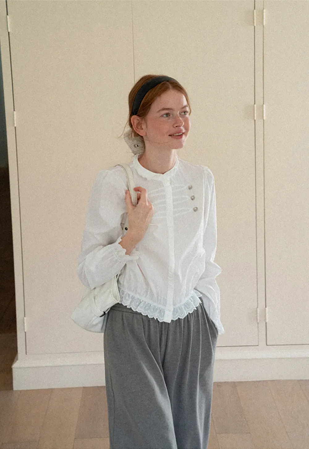 Lace Trim High Neck Button Front Blouse