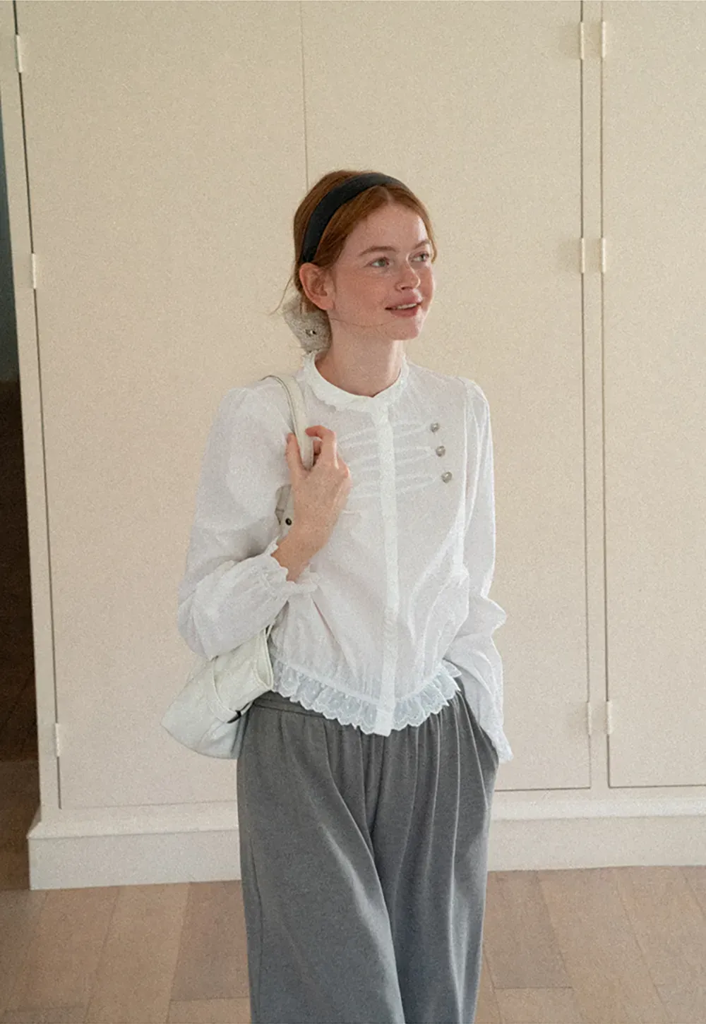 Lace Trim High Neck Button Front Blouse