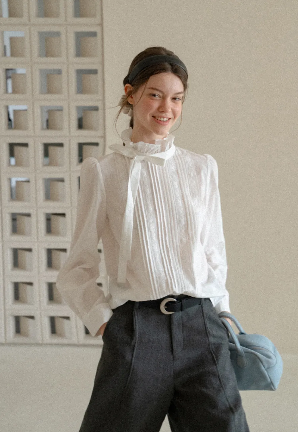 Pleated High Neck Bow Tie Blouse