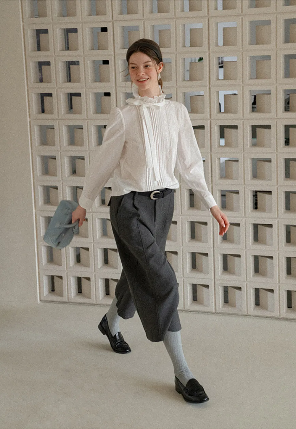 Pleated High Neck Bow Tie Blouse