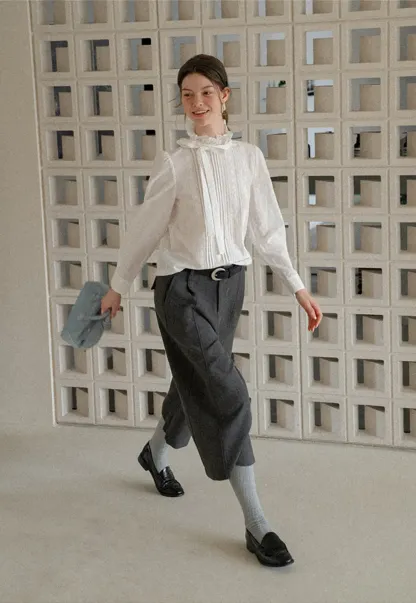 Pleated High Neck Bow Tie Blouse