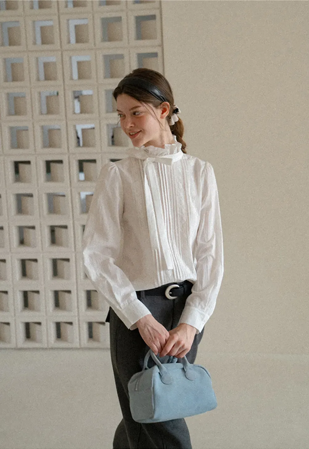 Pleated High Neck Bow Tie Blouse