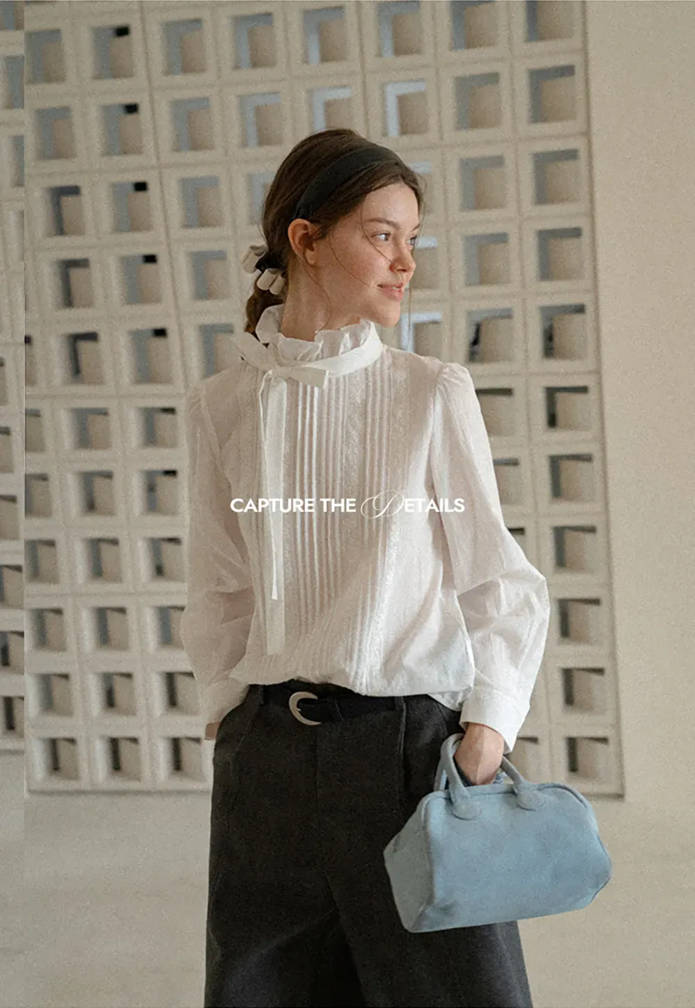 Pleated High Neck Bow Tie Blouse