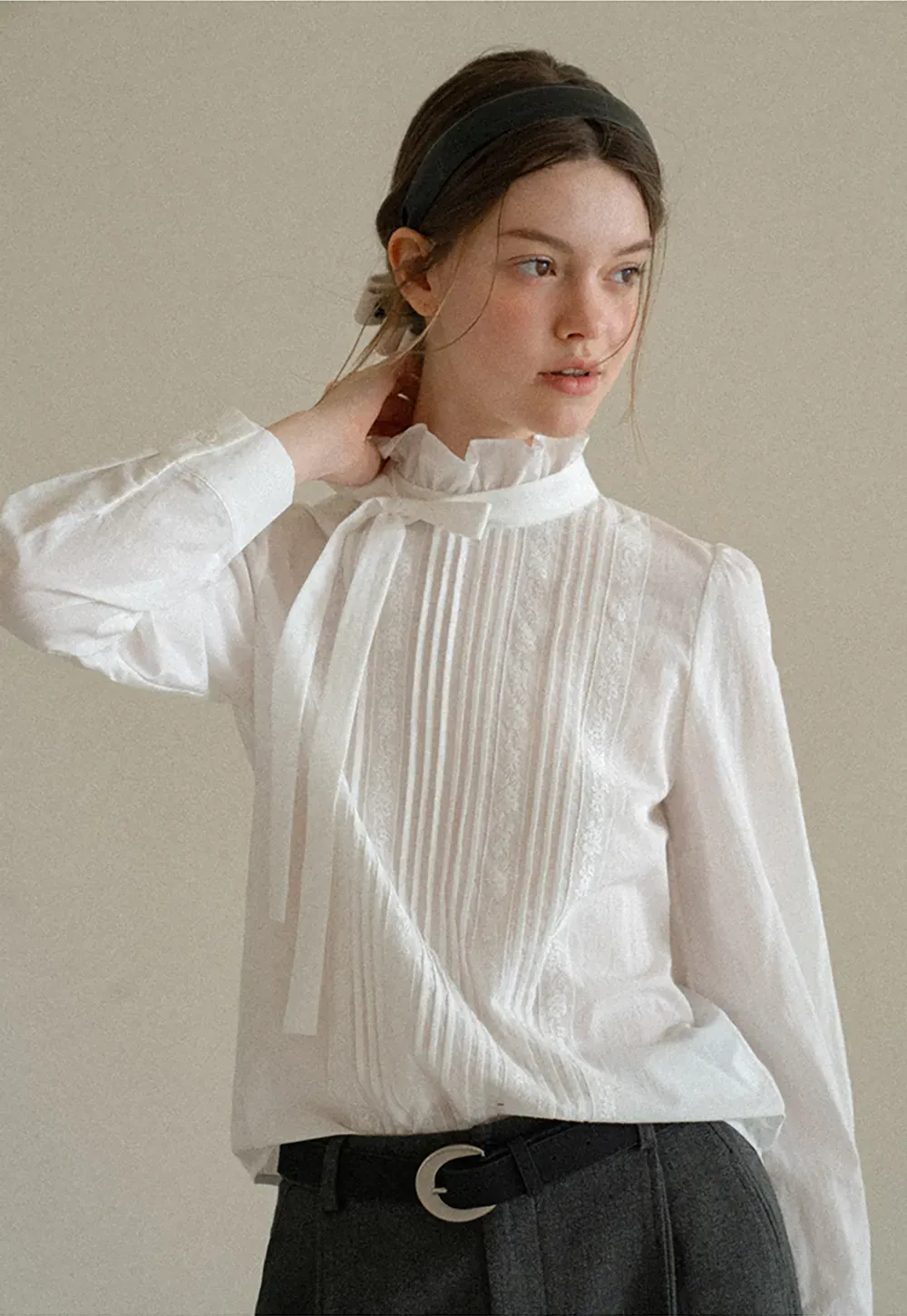 Pleated High Neck Bow Tie Blouse