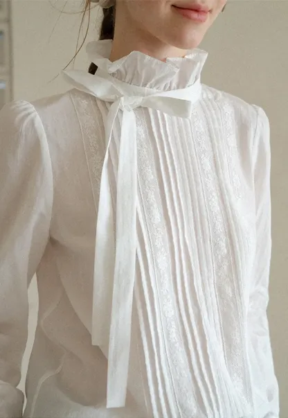 Pleated High Neck Bow Tie Blouse