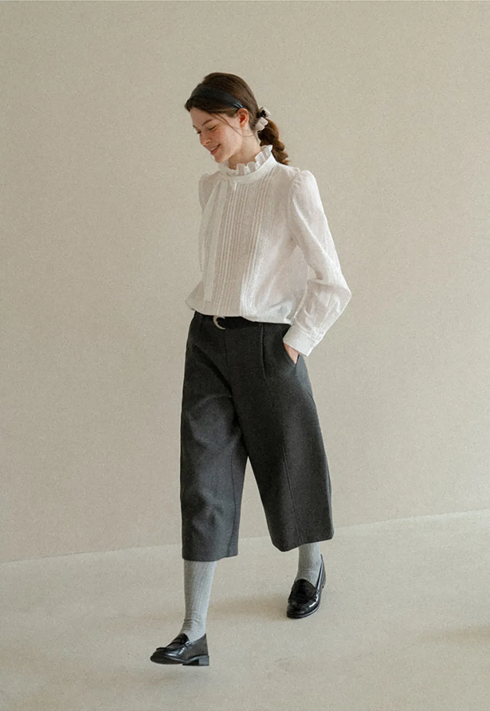 Pleated High Neck Bow Tie Blouse