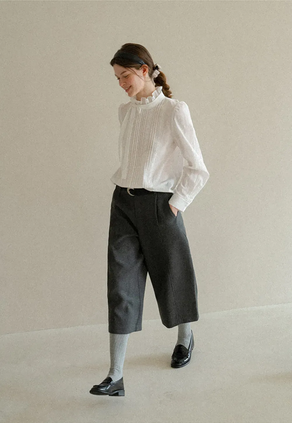 Pleated High Neck Bow Tie Blouse