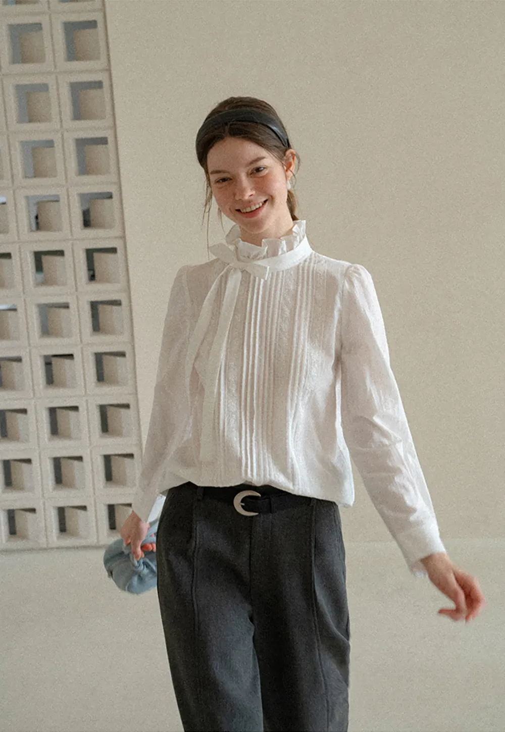 Pleated High Neck Bow Tie Blouse