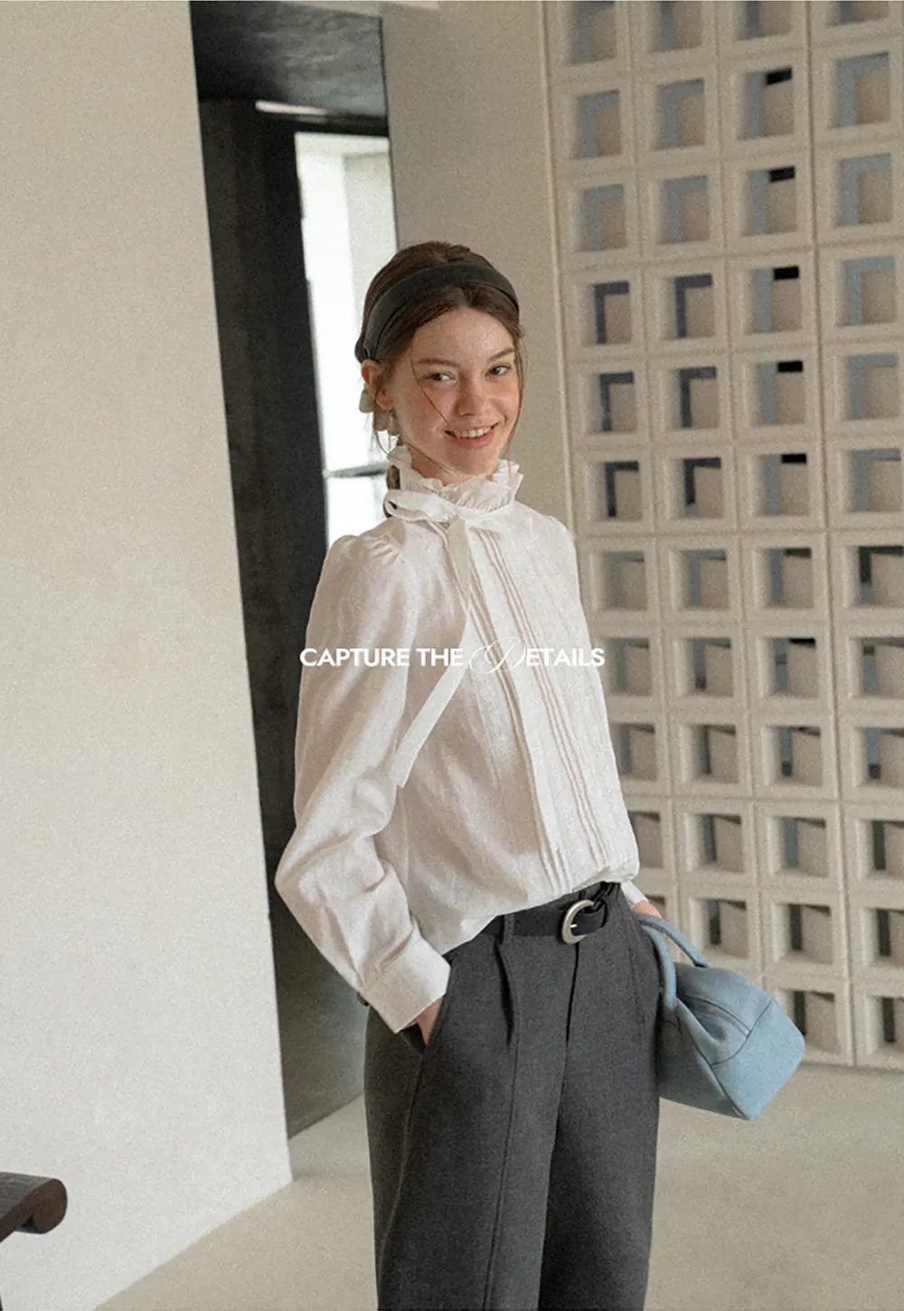 Pleated High Neck Bow Tie Blouse