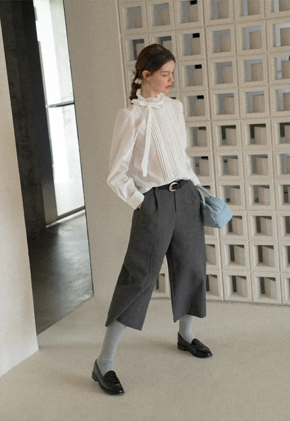 Pleated High Neck Bow Tie Blouse