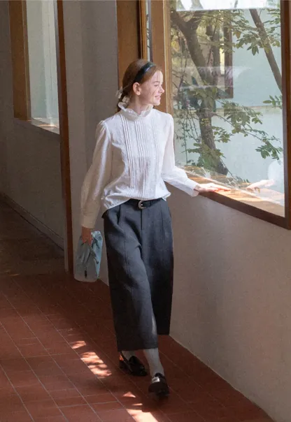 Pleated High Neck Bow Tie Blouse