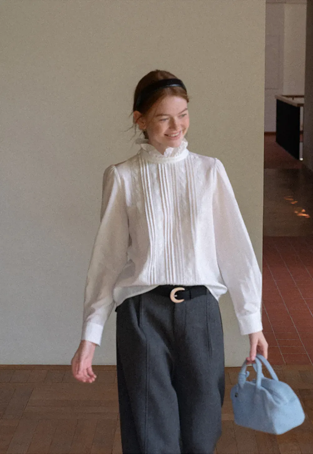 Pleated High Neck Bow Tie Blouse