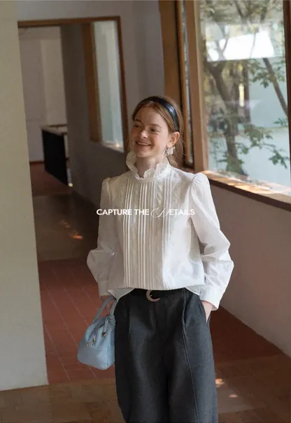 Pleated High Neck Bow Tie Blouse
