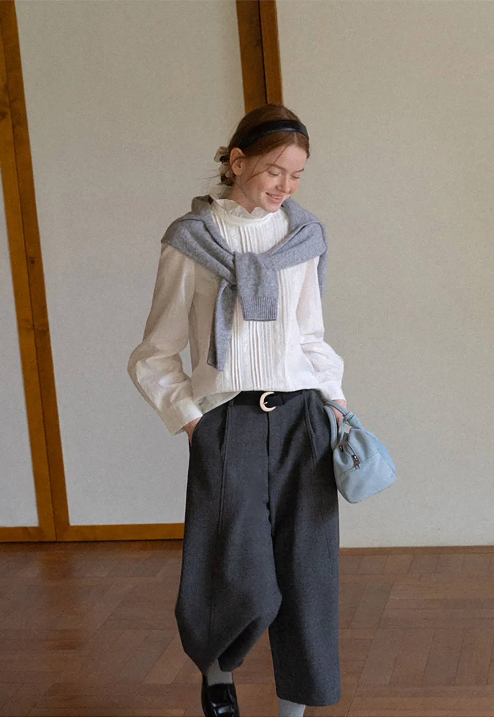 Pleated High Neck Bow Tie Blouse