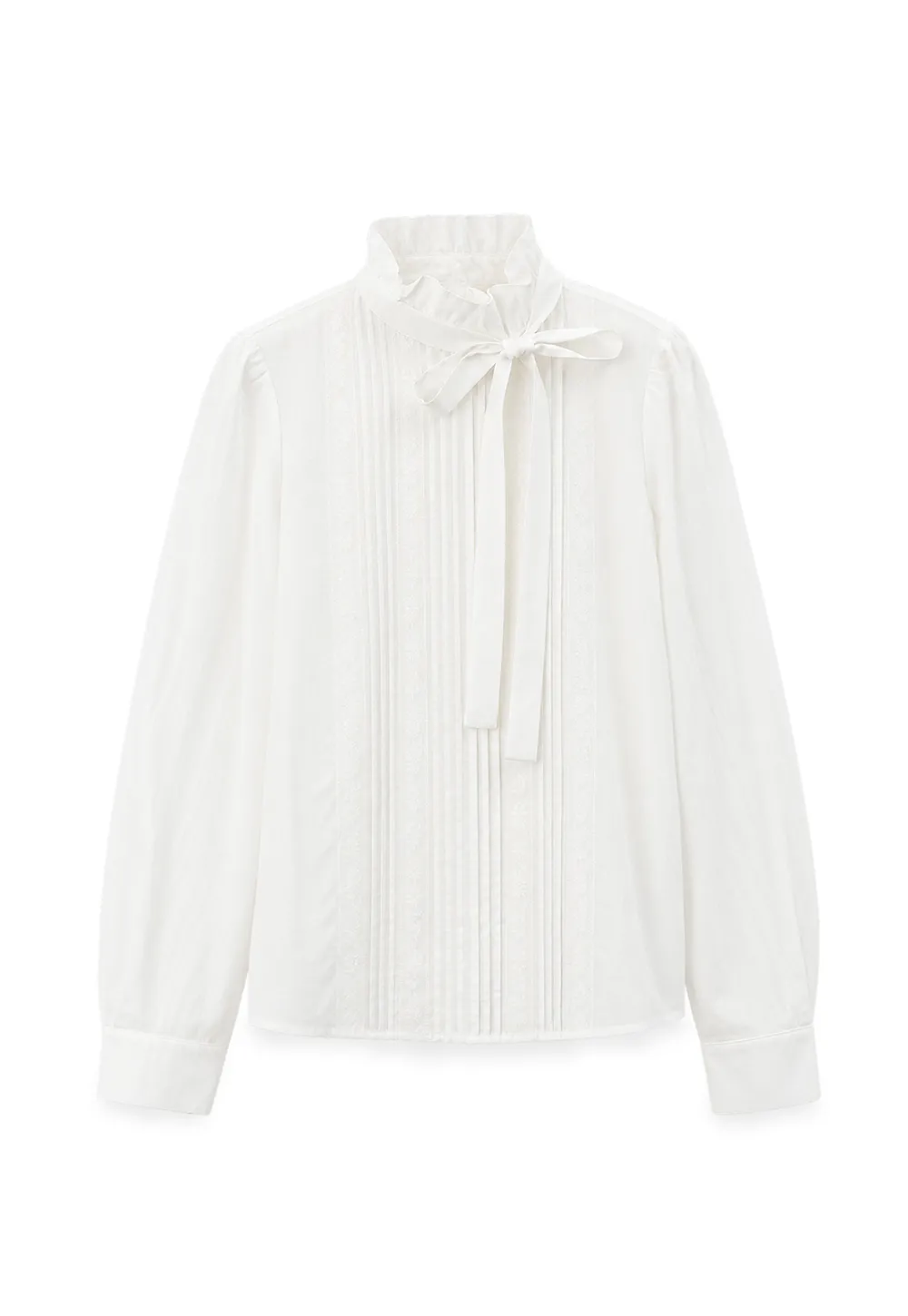 Pleated High Neck Bow Tie Blouse