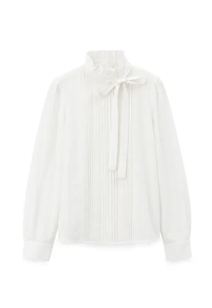 Pleated High Neck Bow Tie Blouse