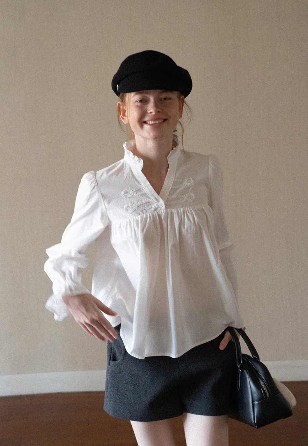 Embroidered Yoke Puff Sleeve Blouse