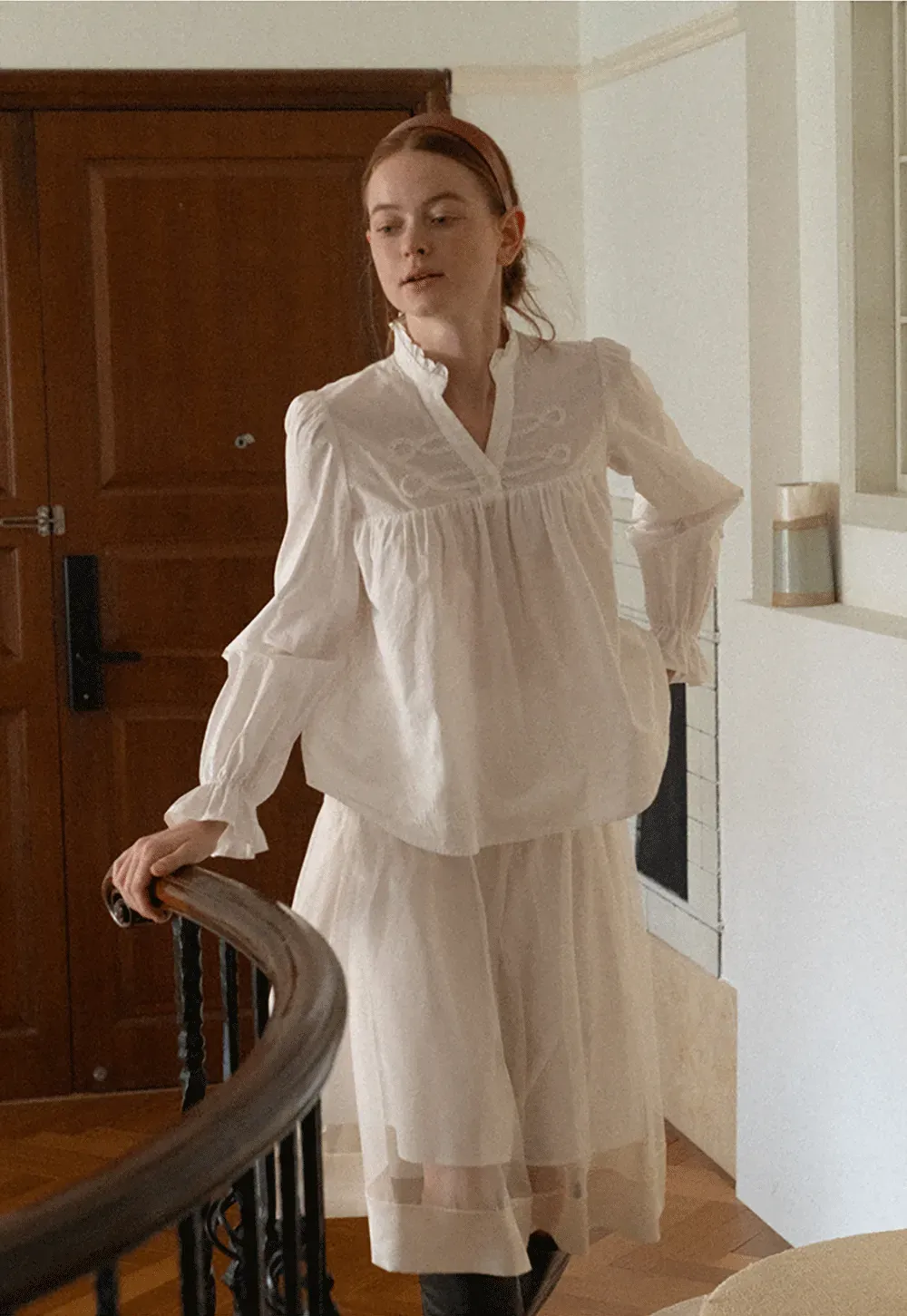 Embroidered Yoke Puff Sleeve Blouse