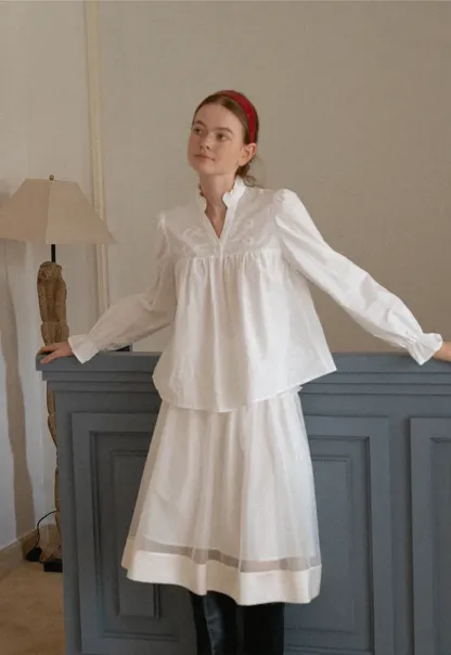Embroidered Yoke Puff Sleeve Blouse