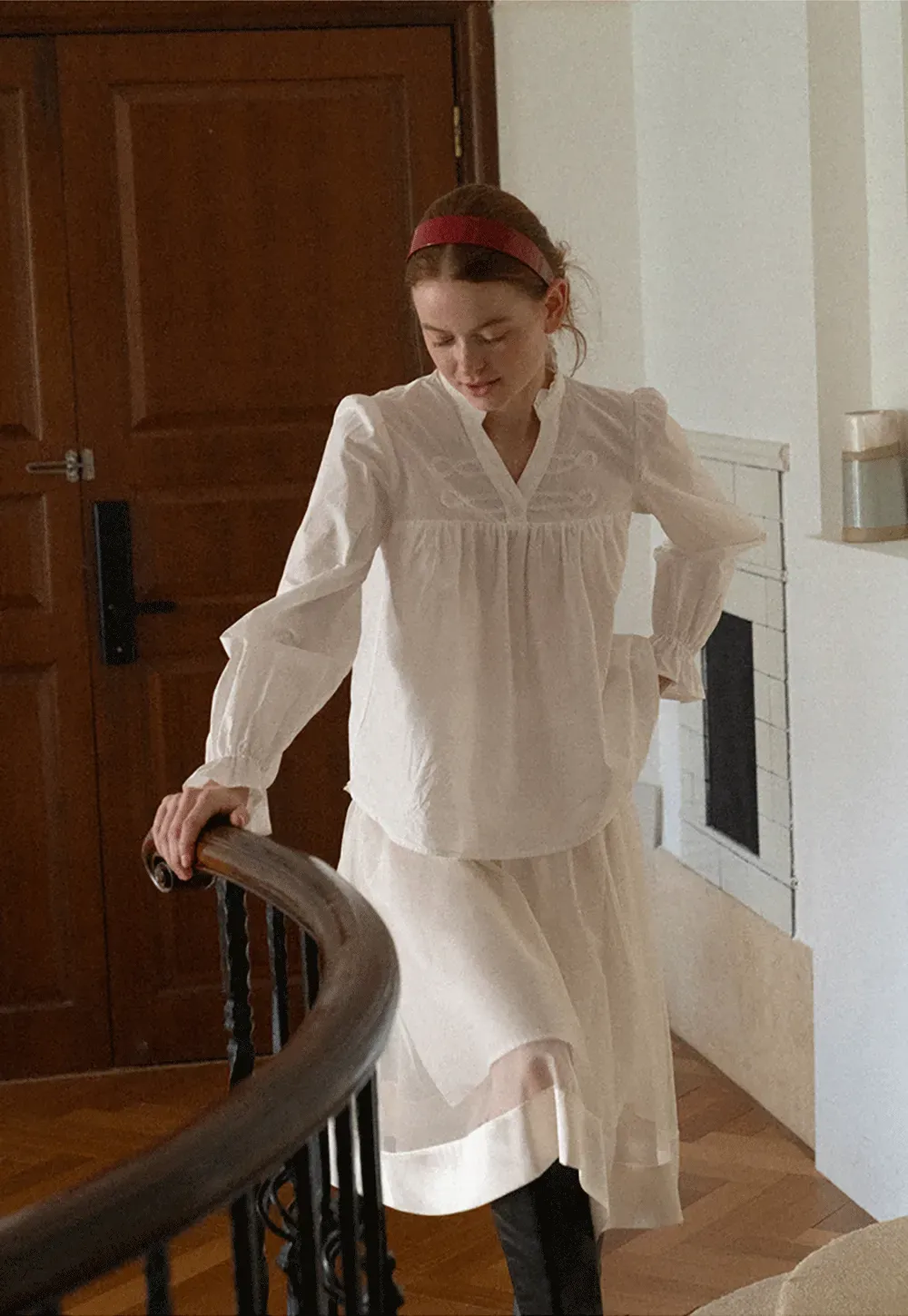 Embroidered Yoke Puff Sleeve Blouse