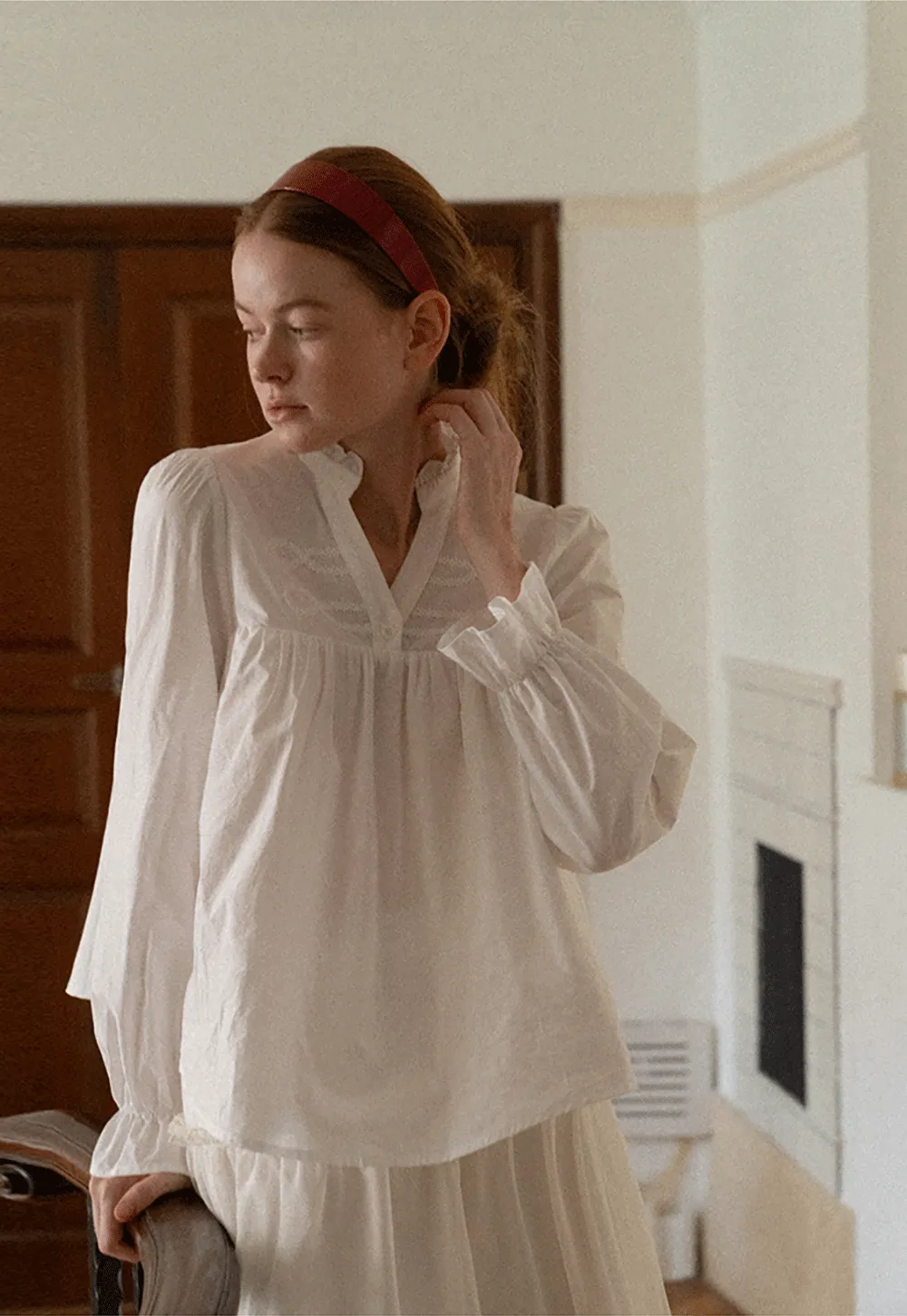 Embroidered Yoke Puff Sleeve Blouse