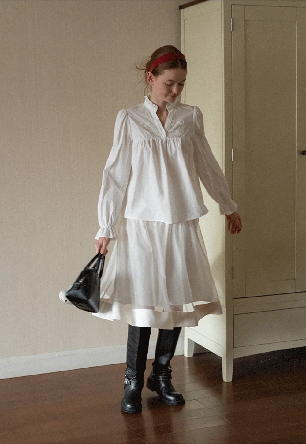 Embroidered Yoke Puff Sleeve Blouse