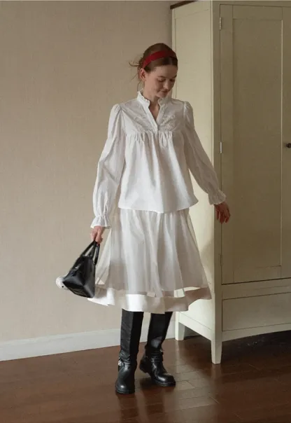 Embroidered Yoke Puff Sleeve Blouse
