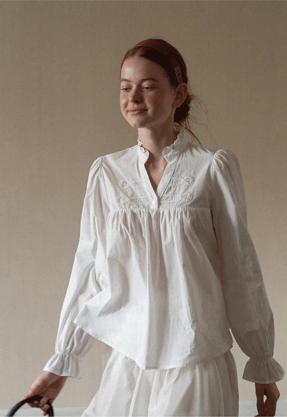 Embroidered Yoke Puff Sleeve Blouse