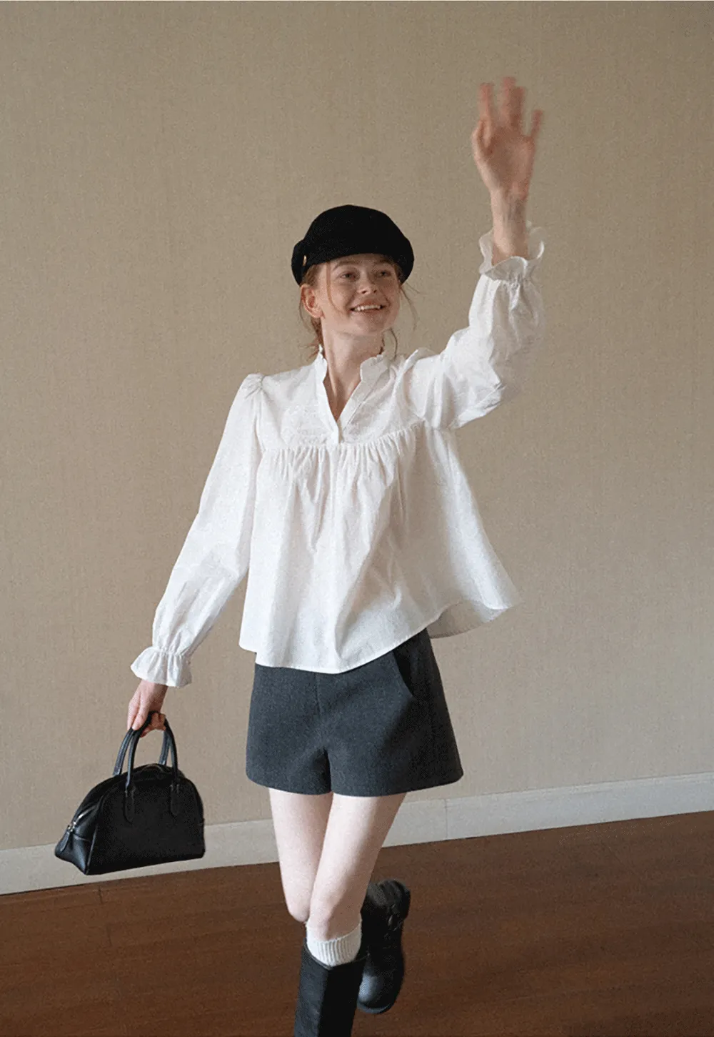 Embroidered Yoke Puff Sleeve Blouse