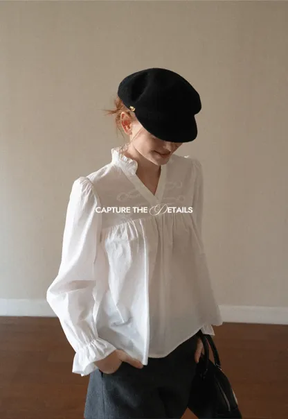 Embroidered Yoke Puff Sleeve Blouse