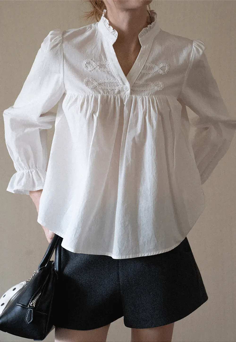 Embroidered Yoke Puff Sleeve Blouse