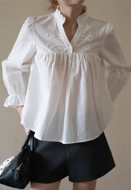 Embroidered Yoke Puff Sleeve Blouse