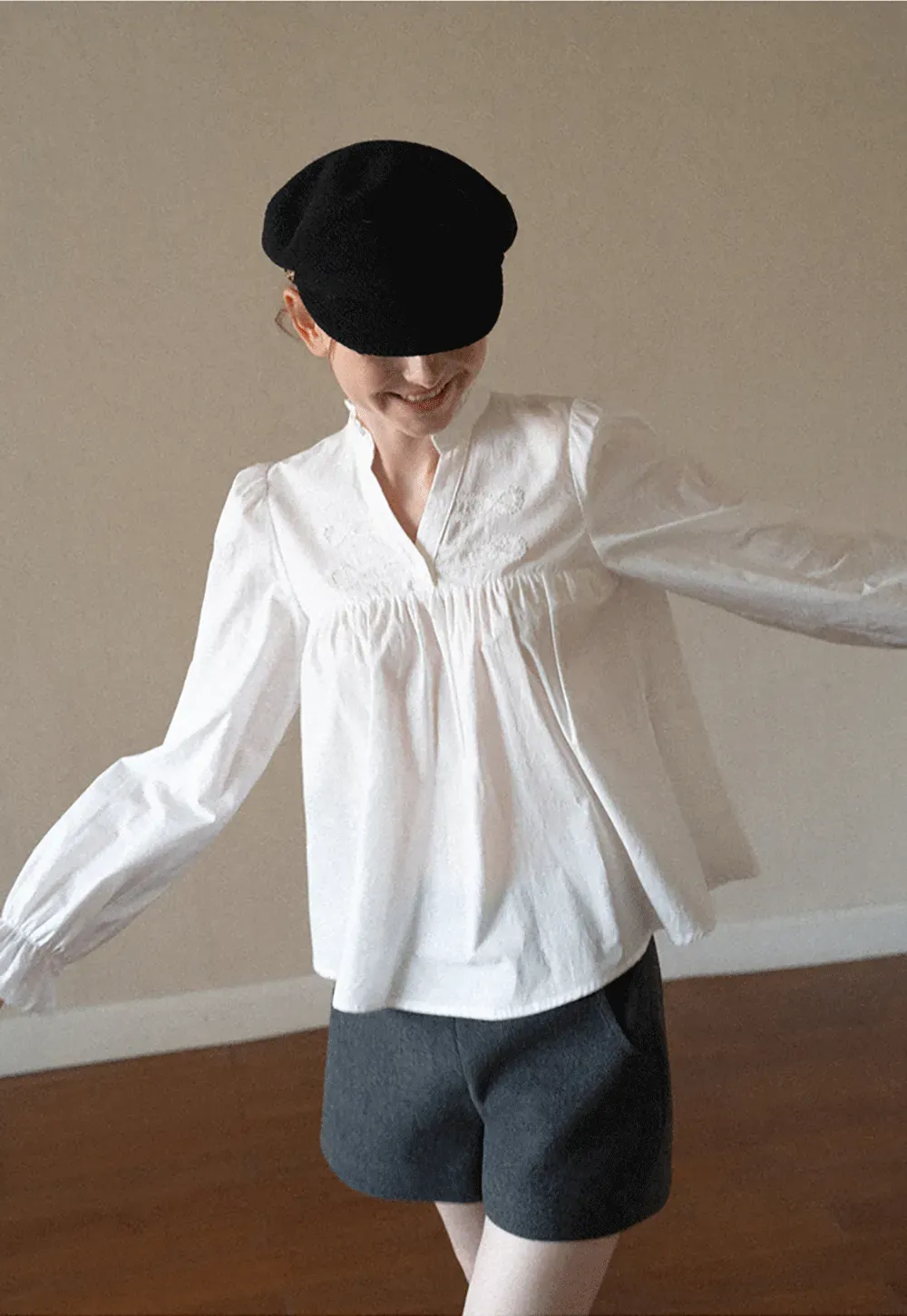 Embroidered Yoke Puff Sleeve Blouse