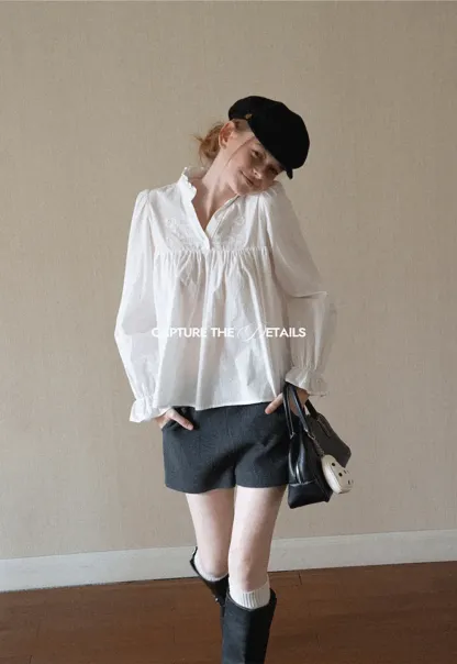 Embroidered Yoke Puff Sleeve Blouse