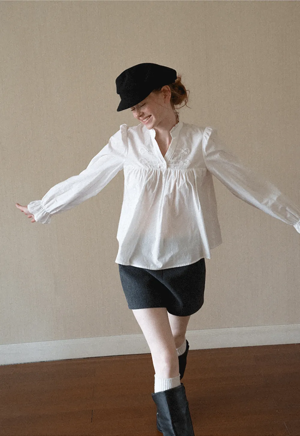 Embroidered Yoke Puff Sleeve Blouse