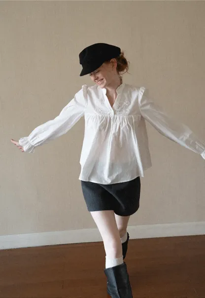 Embroidered Yoke Puff Sleeve Blouse